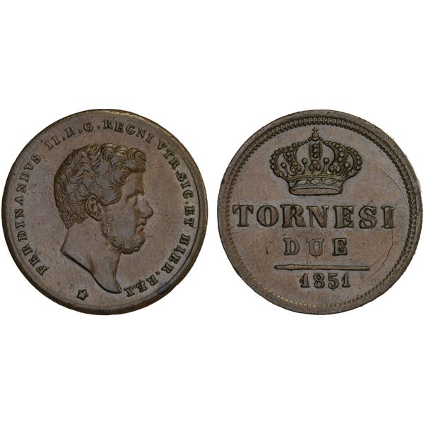 ITALY: NAPLES & SICILY: Ferdinando II, 1830-1859, AE 2 tornesi, 1851, XF