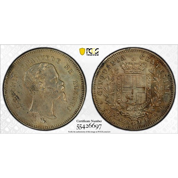 ITALY: TUSCANY: Vittorio Emanuele II, 1859-1860, AR 50 centesimi, 1860, PCGS UNC details