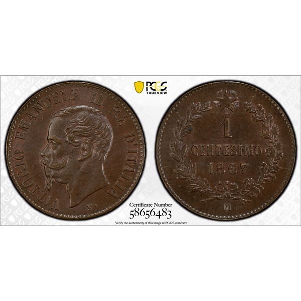 ITALY: Vittorio Emanuele II, 1861-1878, AE centesimo, 1867-M, PCGS MS64 BN