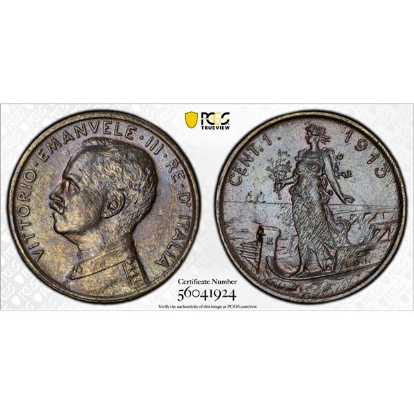 ITALY: Vittorio Emanuele III, 1900-1946, AE centesimo, 1913-R, PCGS MS64 BN