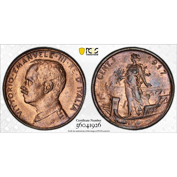 ITALY: Vittorio Emanuele III, 1900-1946, AE centesimo, 1917-R, PCGS MS65 RB