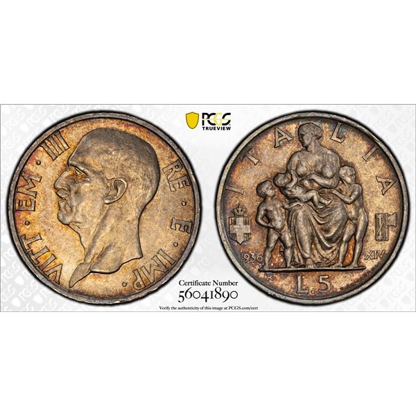 ITALY: Vittorio Emanuele III, 1900-1946, AR 5 lire, 1936-R year XIV, PCGS MS62