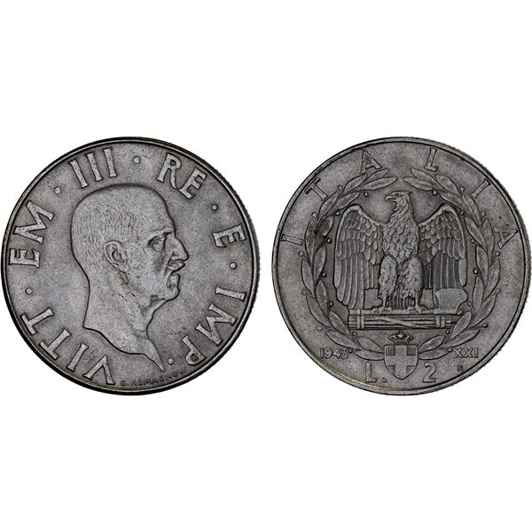 ITALY: Vittorio Emanuele III, 1900-1946, 2 lire, 1943-R, Choice AU