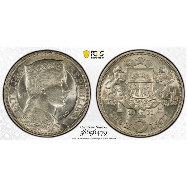 LATVIA: Republic, AR 5 lati, 1931, PCGS MS62