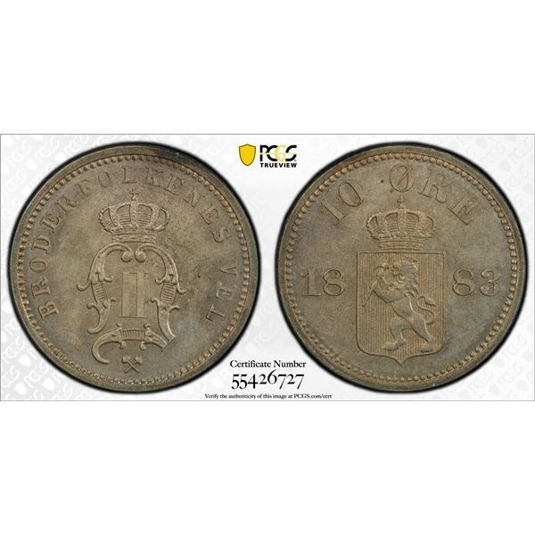 NORWAY: Oscar II, 1872-1905, AR 10 ore, 1883, PCGS MS64