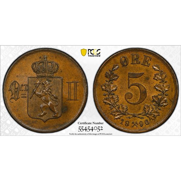 NORWAY: Oscar II, 1872-1905, AE 5 ore, 1896, PCGS MS64 BN