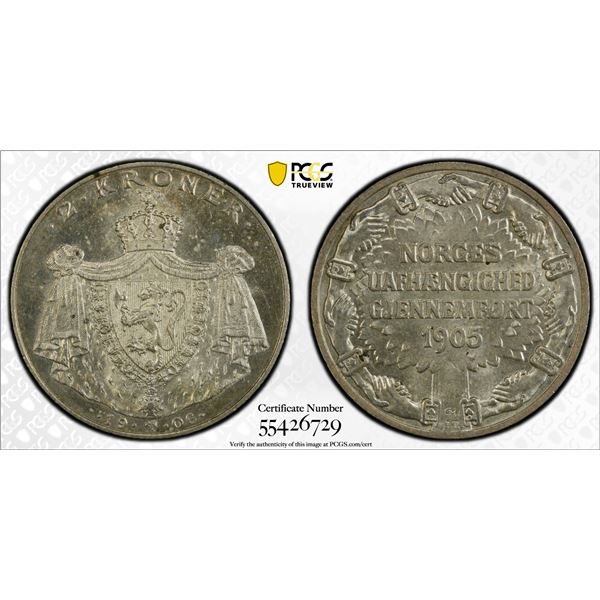 NORWAY: Haakon VII, 1905-1957, AR 2 kroner, 1906, PCGS MS64