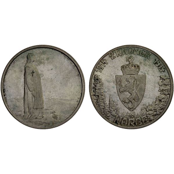 NORWAY: Haakon VII, 1905-1957, AR 2 kroner, 1914, AU