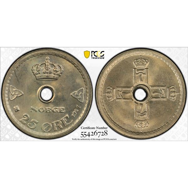 NORWAY: Haakon VII, 1905-1957, 25 ore, 1927, PCGS MS66