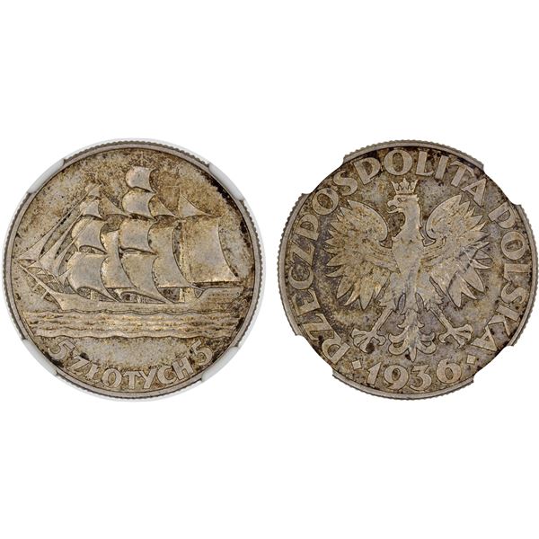 POLAND: Republic, AR 5 zlotych, 1936, NGC AU58