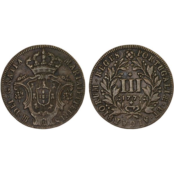 PORTUGAL: AE 3 reis, 1777, F-VF
