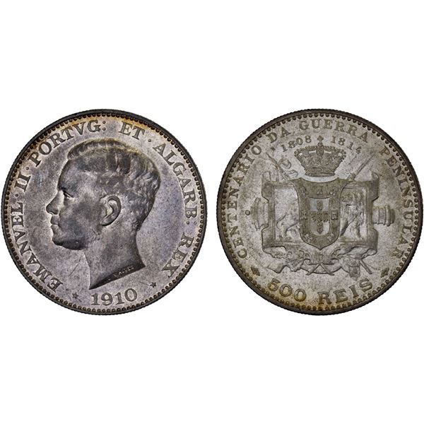PORTUGAL: Manuel II, 1908-1910, AR 500 reis, 1910, XF-AU