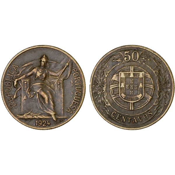 PORTUGAL: Republic, 50 centavos, 1924, F-VF
