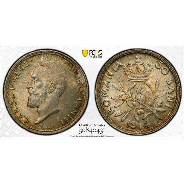 ROMANIA: Carol I, 1881-1914, AR 50 bani, Brussels, 1914, PCGS MS65