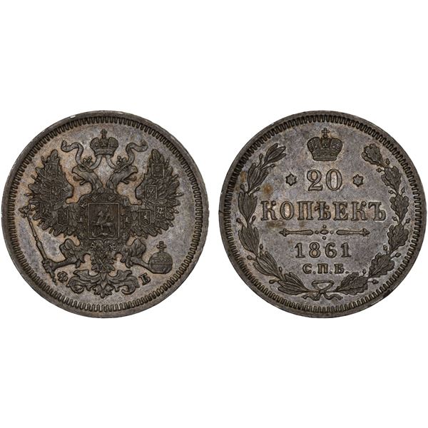 RUSSIA: Alexander II, 1855-1881, AR 20 kopeks, 1861, XF
