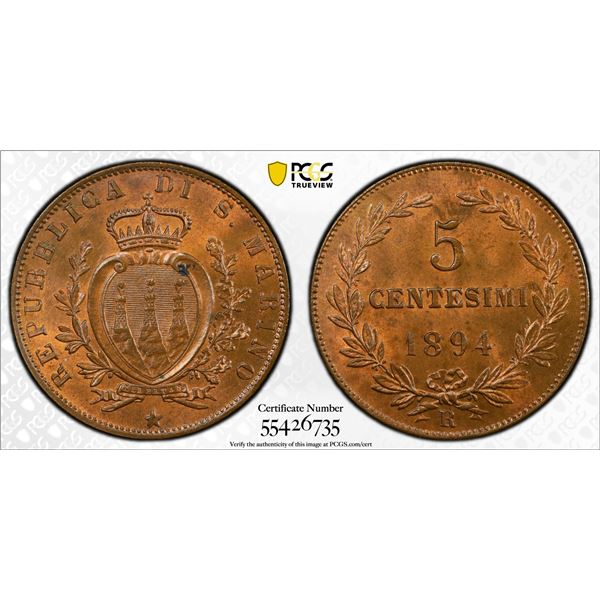 SAN MARINO: AE 5 centesimi, 1894-R, PCGS MS64 RB