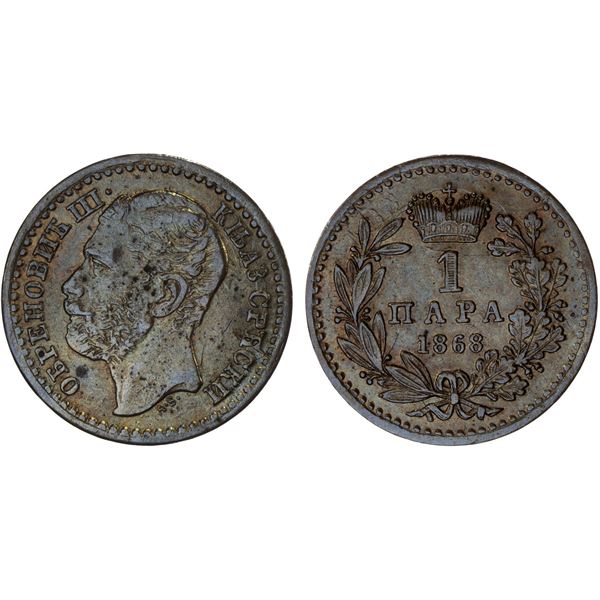 SERBIA: Obrenovich III, 1839-1842 & 1860-1868, AE para, 1868, Almost Unc