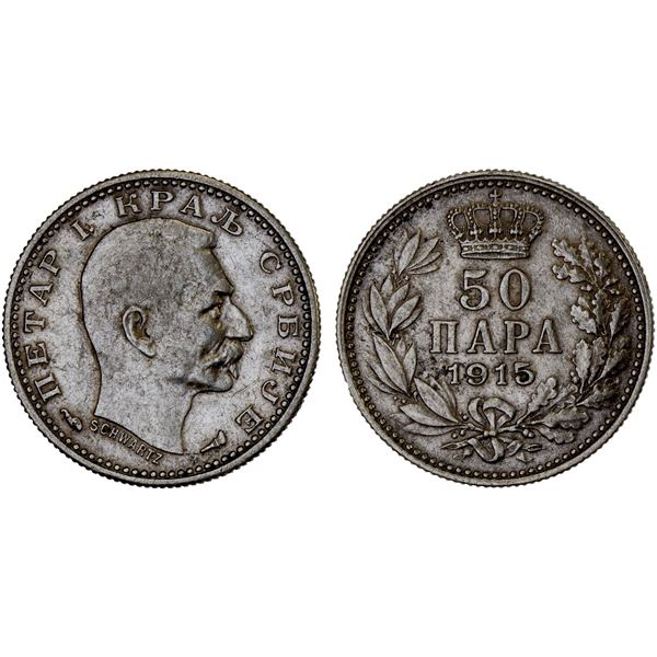 SERBIA: Peter I, 1903-1918, AR 50 para, 1915, XF