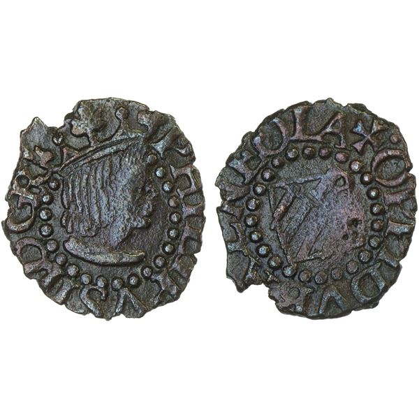 SPAIN: Felipe III, 1598-1621, AE diner (0.65g), Banyoles (Banyuls), ND, XF