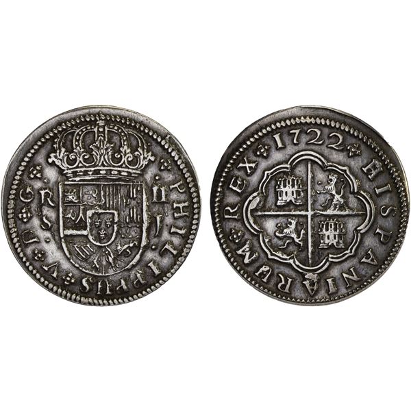 SPAIN: Felipe V, 1700-1746, AR 2 reales (pistareen), Sevilla, 1722-S, VF-XF