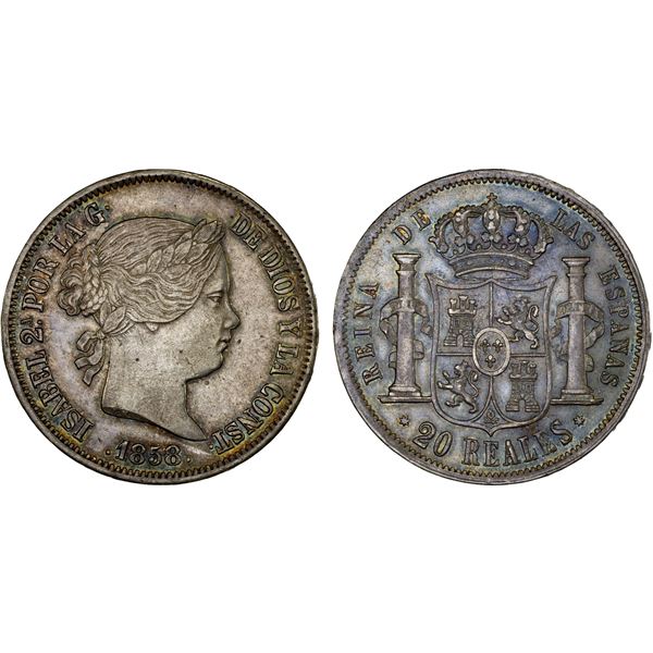 SPAIN: Isabel II, 1833-1868, AR 20 pesetas, Sevilla, 1858, Choice XF