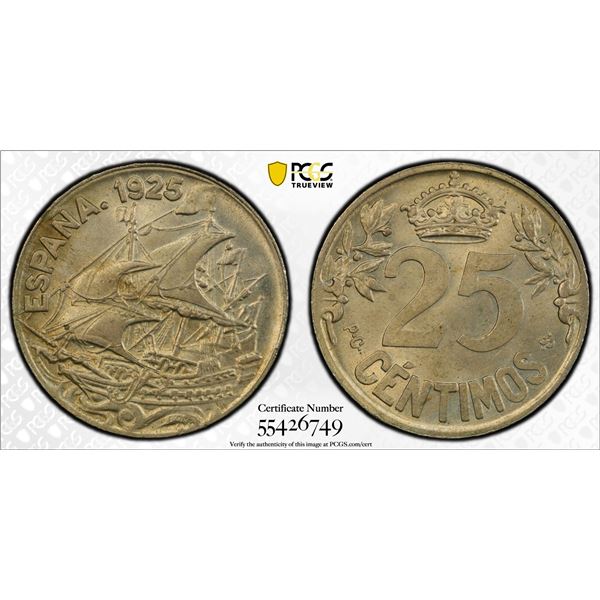 SPAIN: Alfonso XIII, 1886-1931, 25 centimos, 1925, PCGS MS65