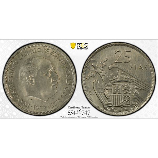 SPAIN: Francisco Franco, 1936-1975, 25 pesetas, 1957-BA, PCGS MS64