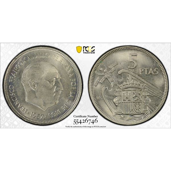 SPAIN: Francisco Franco, 1936-1975, 5 pesetas, 1957-BA, PCGS MS65
