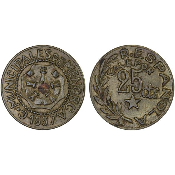 SPAIN: Menorca, Civil War Issue, 25 centimos, 1937, VF-XF