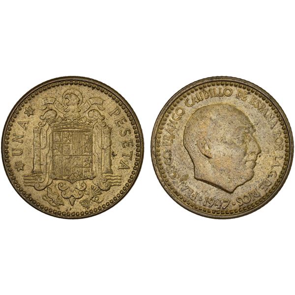 SPAIN: Francisco Franco, as Cadillo and Regent, 1947-1975, 1 peseta, 1947(51), Unc