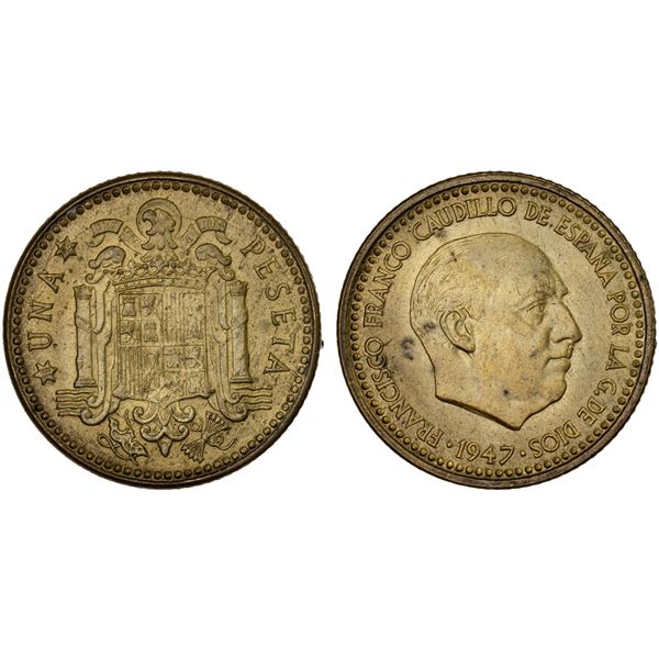 SPAIN: Francisco Franco, as Cadillo and Regent, 1947-1975, 1 peseta, 1947(54), Unc