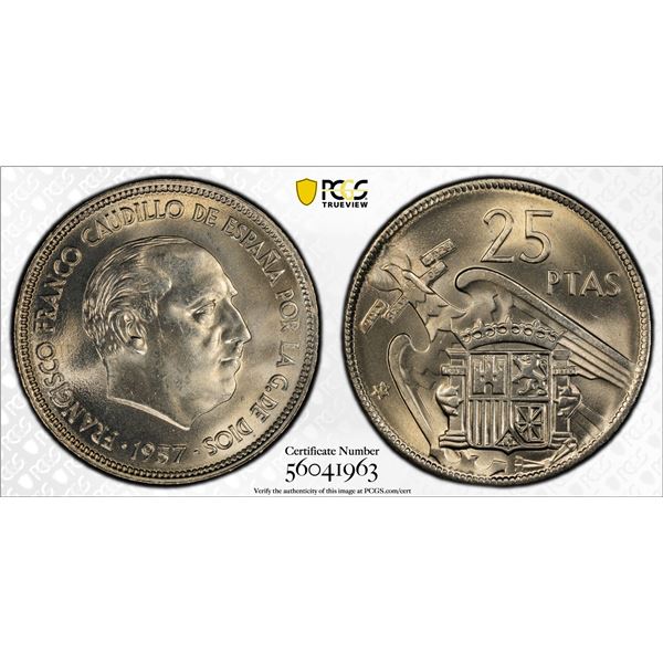 SPAIN: Francisco Franco, Caudillo, 1947-1975, 25 pesetas, 1957 (64), PCGS MS65