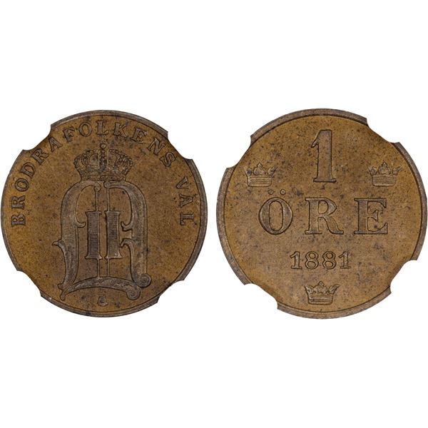 SWEDEN: Oscar II, 1872-1907, AE ore, 1881, NGC MS64 BN