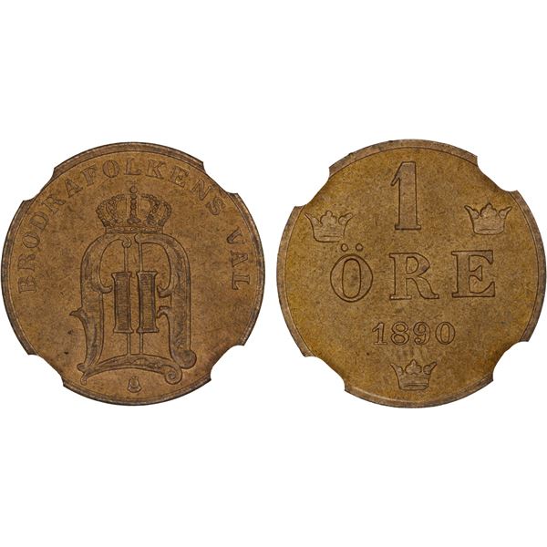 SWEDEN: Oscar II, 1872-1907, AE ore, 1890, NGC MS64 BN