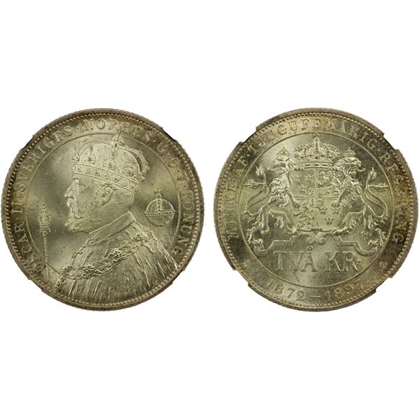 SWEDEN: Oscar II, 1872-1907, AR 2 kroner, 1897, NGC MS64 +