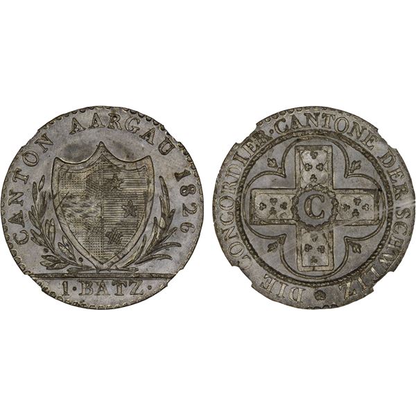SWITZERLAND: AARGAU: Canton, BI batzen, 1826, NGC MS67