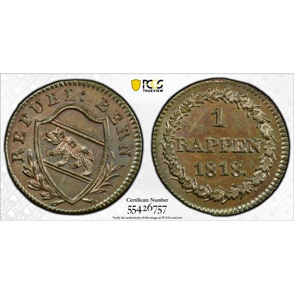 SWITZERLAND: BERN: Republic, BI rappen, 1818, PCGS MS64