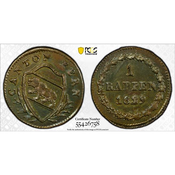 SWITZERLAND: BERN: Republic, BI rappen, 1829, PCGS MS64