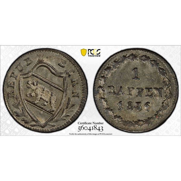 SWITZERLAND: BERN: Canton, BI rappen, 1836, PCGS MS64