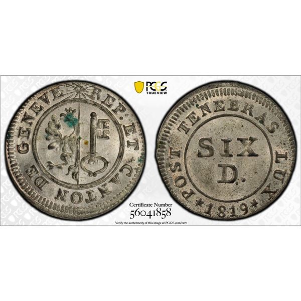 SWITZERLAND: GENEVA: Republic, BI 6 deniers, 1819, PCGS MS64