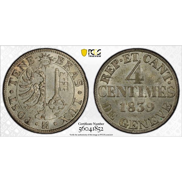 SWITZERLAND: GENEVA: Canton, BI 4 centimes, 1839, PCGS MS65