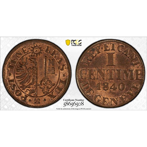 SWITZERLAND: GENEVA: Republic & Canton, AE centime, 1840, PCGS MS65 RB