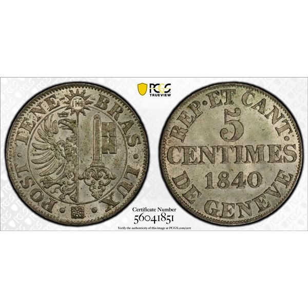 SWITZERLAND: GENEVA: Canton, BI 5 centimes, 1840, PCGS MS65