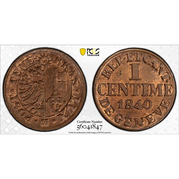 SWITZERLAND: GENEVA: Canton, AE centime, 1840, PCGS MS65 RB