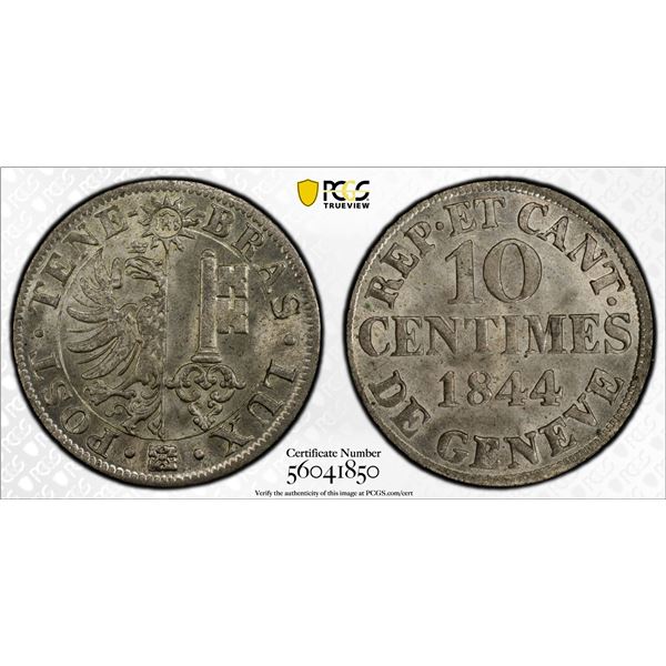 SWITZERLAND: GENEVA: Canton, BI 10 centimes, 1844, PCGS MS65