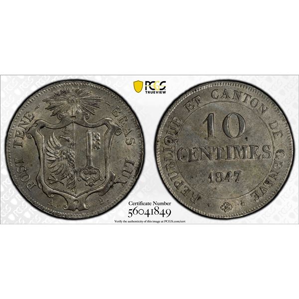 SWITZERLAND: GENEVA: Canton, BI 10 centimes, 1847, PCGS MS64