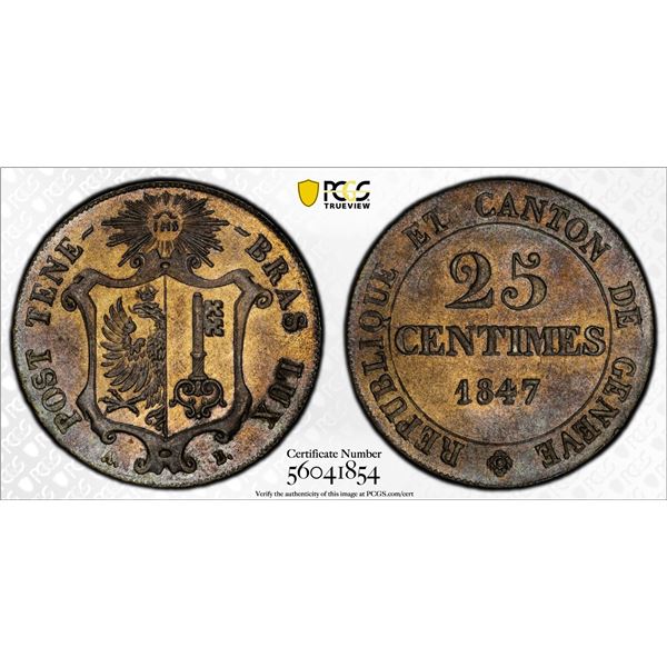 SWITZERLAND: GENEVA: Canton, BI 25 centimes, 1847, PCGS MS64