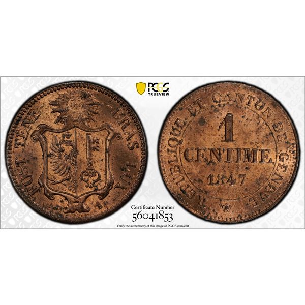 SWITZERLAND: GENEVA: Canton, AE centime, 1847, PCGS MS64 RB