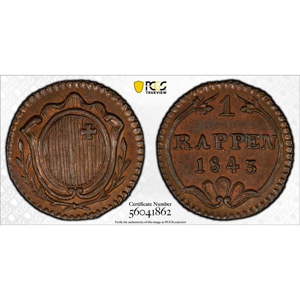 SWITZERLAND: SCHWYZ: Canton, AE rappen, 1843, PCGS MS64 BN