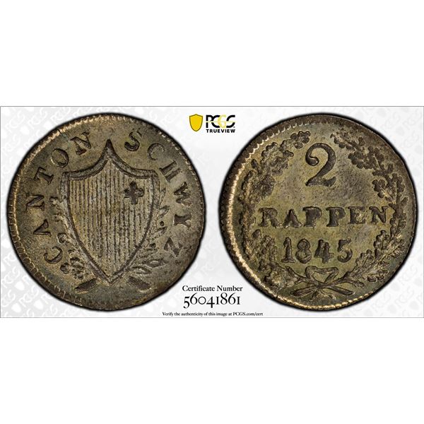 SWITZERLAND: SCHWYZ: Canton, BI 2 rappen, 1845, PCGS MS65